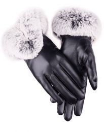 Дамски кожени ръкавици с пух в черно - код GL0293
