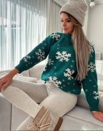 Зимен дамски пуловер на снежинки в зелено - код 08410
