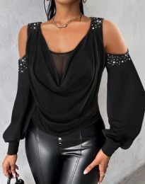 Дамска блуза с декоративни камъчета в черно - код 10545
