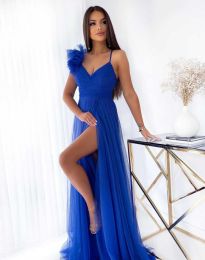 Официална дълга дамска рокля с цепка  в синьо - код 67877
