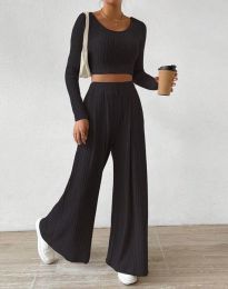 Моден дамски комплект с широк панталон в черно - код 33112