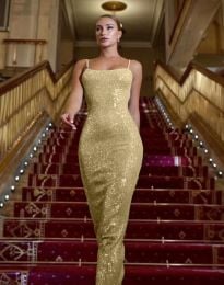 Елегантна дълга дамска рокля в златисто - код 23311