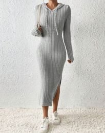 Ефектна дамска рокля с качулка в сиво - код 09066