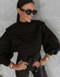 Къс дамски пуловер с ефектна плетка в черно - код 101222