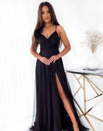 Официална дълга дамска рокля с цепка  в черно - код 67877