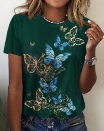 Дамска тениска с ефектен принт на пеперуди в зелено - код 81009