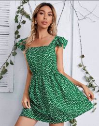 Къса дамска рокля в зелено на цветя - код 6525