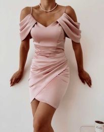 Елегантна дамска рокля с голи рамене в цвят пудра - код 5904