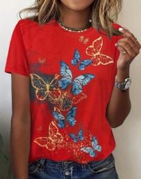 Дамска тениска с ефектен принт на пеперуди в червено - код 81009