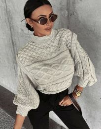 Къс дамски пуловер с ефектна плетка в бежово - код 101222