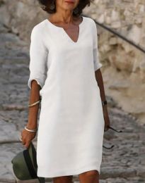 Изчистена дамска рокля с къс ръкав в бяло - код 200310