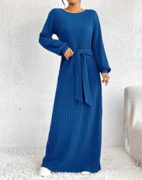 Дълга дамска рокля с колан в синьо - код 33560