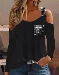 Дамска блуза с ефектно рамо в черно - код 71068