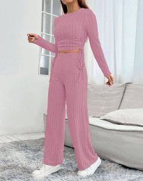 Дамски сет панталон и блуза с ефектни връзки в цвят пудра - код 33522