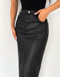 Дамска дълга кожена пола с цепка в черно - код 108009