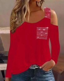 Дамска блуза с ефектно рамо в червено - код 71068