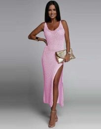 Плажна плетена рокля в розово с цепка - код 75200