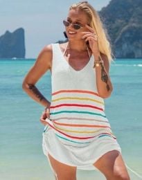 Плажна дамска рокля с цветно райе в бяло - код 750050