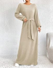 Дълга дамска рокля с колан в бежово - код 33560