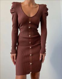 Елегантна дамска рокля с копчета в кафяво - код 5297