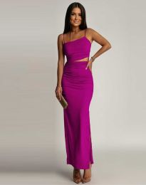 Атрактивна дамска дълга рокля с тънки презрамки в цвят циклама - код 63830