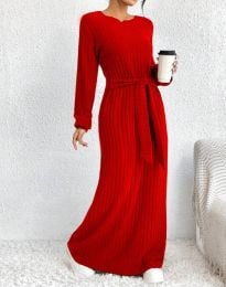 Дълга дамска рокля с колан в червено - код 33560
