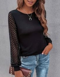 Стилна дамска блуза с дантелени ръкави в черно - код 72091