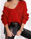 Плетен дамски пуловер в червено - код 0127