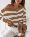 Атрактивен дамски пуловер на райе в бяло и кафяво - код 771062