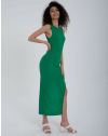 Атрактивна дълга дамска рокля с цепка в зелено - код 14066