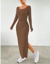 Атрактивна дамска рокля от две части с цепка в кафяво - код 33199