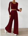 Моден дамски комплект с широк панталон в цвят бордо - код 33112