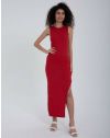 Атрактивна дълга дамска рокля с цепка в червено - код 14066
