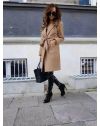 Елегантно дамско палто с колан в цвят капучино - код 7940