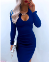 Дамска рокля с ефектно деколте в синьо - код 0904