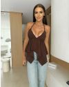 Летен топ с асиметрична линия с падащи волани в кафяво - код 38251