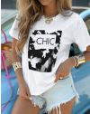 Тениска "CHIC" с щампа и свободна кройка в бяло и черно - код 60056