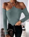 Атрактивна дамска блуза с голи рамене в цвят тюркоаз -  код 12049