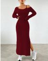 Атрактивна дамска рокля от две части с цепка в цвят бордо - код 33199