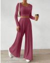 Моден дамски комплект с широк панталон в цвят пудра - код 33112