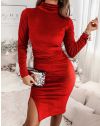 Вталена дамска рокля с полуполо яка в червено - код 12686