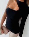 Ефектна дамска блуза с един ръкав в черно - код 16050